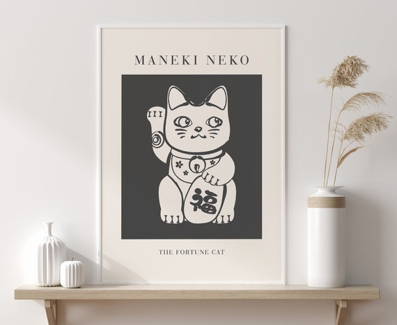 MANEKI NEKO Right Paw Wall Art, Fortune Cat, Manekineko Print, Lucky Cat,  Neutral Print, Housewarming Gift 