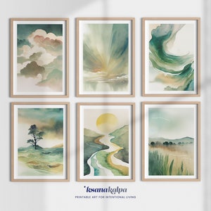 Puede incluir: Conjunto de seis impresiones de acuarela que representan paisajes abstractos en tonos verdes, marrones y azules apagados. Cada impresi&oacute;n incluye una cita sobre la intencionalidad y la atenci&oacute;n plena. Las impresiones est&aacute;n enmarcadas en marcos de madera natural.
