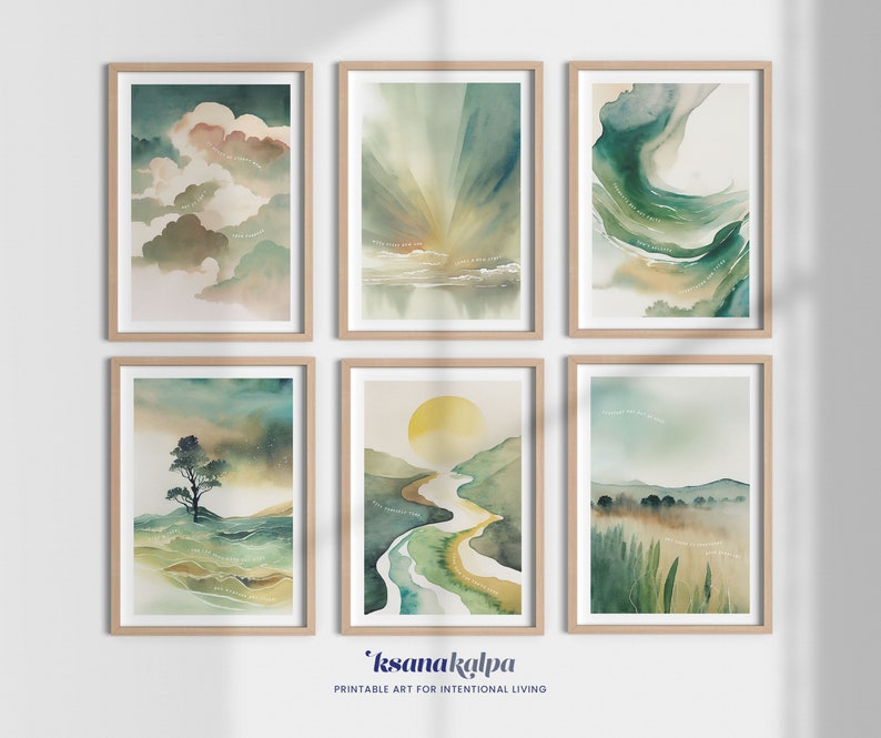 Puede incluir: Conjunto de seis impresiones de acuarela que representan paisajes abstractos en tonos verdes, marrones y azules apagados. Cada impresi&oacute;n incluye una cita sobre la intencionalidad y la atenci&oacute;n plena. Las impresiones est&aacute;n enmarcadas en marcos de madera natural.