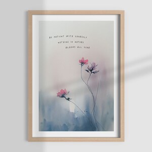 BE PATIENT with YOURSELF, psychologist office, therapist decor, neutral wall art, butterfly print, watercolor flowers, therapy office