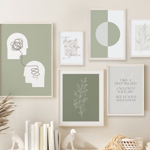 CALM THERAPIST, sage green, set of 6, gallery wall set, therapy art, therapist office, counselling, mental health, psychologist, counsellor