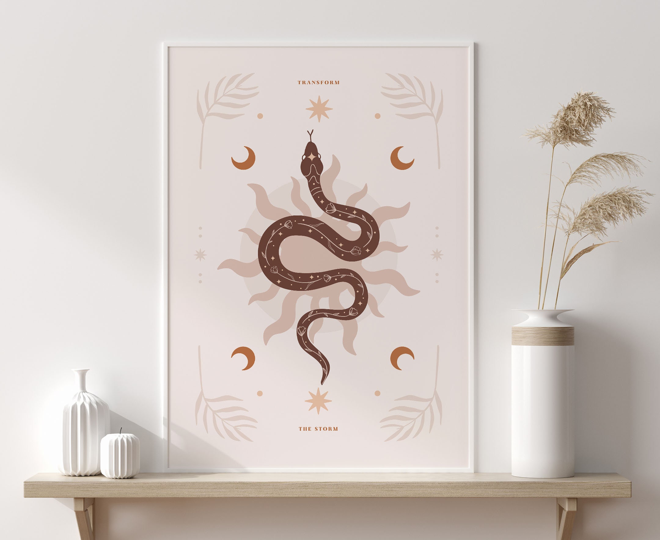 ボヘミアン風の蛇のアートプリント、神秘的な蛇のイラスト（デジタル