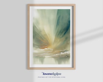 May include: A watercolor painting of a sunrise with a quote that reads "With every new sun comes a new start". The painting is framed in a light wood frame.