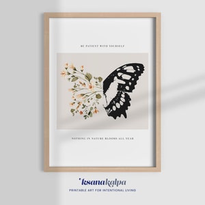 BE PATIENT with YOURSELF, psychologist office, therapist decor, neutral wall art, butterfly print, watercolor flowers, therapy office