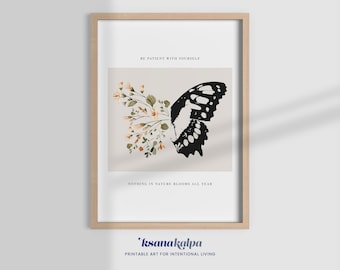 Be Patient With Yourself, therapist decor, neutral wall art, butterfly print, watercolor flowers, therapy office