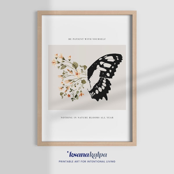 Be Patient With Yourself, therapist decor, neutral wall art, butterfly print, watercolor flowers, therapy office