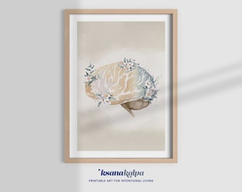 Könnte beinhalten: Eine Aquarell-Illustration eines Gehirns mit Blumen drumherum. Das Gehirn ist hellbraun mit einem hellblauen und grünen Muster. Die Blumen sind weiß mit grünen Blättern. Der Hintergrund ist hellbeige. Der Text "ksanakalpa" ist unter dem Bild gedruckt.