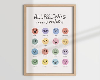 ALL FEELINGS are VALID, feelings chart, emotions, feelings poster, mental health, school counsellor, classroom decor, school psychologist