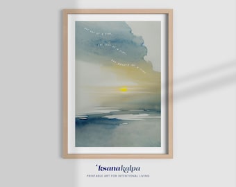 May include: A watercolor painting of a seascape with a yellow sun setting over the horizon. The sky is a soft blue and gray, and the water is a deep blue. The words "one day at a time", "one step at a time", and "one breath at a time" are written in white on the sky.
