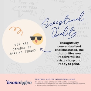 Puede incluir: Una cita motivacional sobre ser capaz de cosas incre&iacute;bles, con una cara sonriente de dibujos animados que lleva gafas de sol. El texto dice "Eres capaz de cosas incre&iacute;bles." El fondo es gris claro con un garabato de un remolino y las palabras "Calidad excepcional" en una fuente manuscrita.