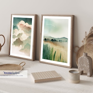 Puede incluir: Dos impresiones de acuarela enmarcadas con citas inspiradoras. La primera impresi&oacute;n presenta un paisaje verde y marr&oacute;n con la cita "Tal vez sea ahora". La segunda impresi&oacute;n presenta un paisaje verde y marr&oacute;n con la cita "Que haya algo bueno ayer".