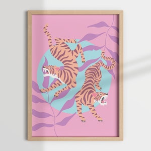 TIGERS, feline wall art, pink tigers, tiger art print, big cat print, animal print, jungle animal print, colorful wall art, trendy wall art