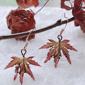 Maple Leafs Drop Earrings, real maple leaves, resin leaves earrings, handmade earrings, rose gold plated hook, birthday gifts, gift for her