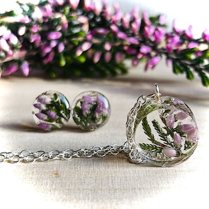 Pink Purple Heather Flower Jewelry Set, heather earrings necklace, resin flower necklace, botanical earrings, Christmas gift, gift for her