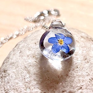Forget Me Not Flower Necklace, real flower jewellery, resin flower pendant necklace, Blue Forget Me Not, Sterling Silver Necklace