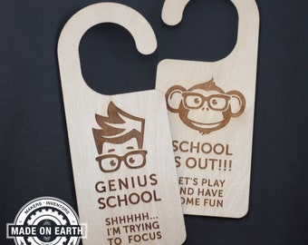 Home Schooling Door Hanger, Genius School, Remote School, Shhh... I'm Trying To Focus, Genius Boy & Monkey, Personalize