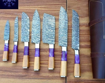 Handmade Damascus Chef Knife Set: Resin Wood Handles, Leather Case