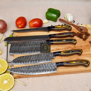 Handmade Damascus Chef set of 5 pcs/Forged Damascus chef set/BBQ Knife Kitchen Knife Gift for Her Groomsmen Gift Camping Knife Gift for Him