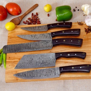 Custom Handmade Damascus steel CHEF&#39;S KNIVE Set of 5Pcs With Leather Cover, Damascus Chef knife set, Damascus Chef Knife, Easter Gift