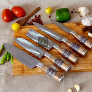 Custom Handmade Damascus steel CHEF&#39;S KNIVE Set of 5Pcs With Leather Cover, Damascus Chef knife set, Damascus Chef Knife, Kitchen Knives Set