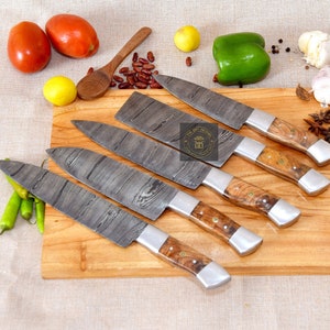 HAND FORGED DAMASCUS Steel Chef&#39;s Knives Set , Damascus Chef Knife ,Damascus Kitchen Knife Set , Anniversary Gifts, Christmas Gifts