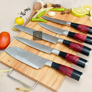 Custom Handmade Damascus steel CHEF&#39;S KNIVE Set of 5Pcs With Leather Cover, Damascus Chef knife set, Damascus Chef Knife, Kitchen Knives Set