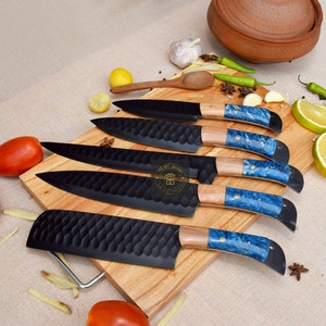 Handmade Damascus Chef set of 5 pcs/Forged Damascus chef set/BBQ Knife Kitchen Knife Gift for Her Groomsmen Gift Camping Knife Gift for Him/