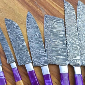 Custom Handmade Damascus Chef Knife Set of 7 knives/resin and wood /dinning kitchen knifes/ Professional chef knife/amazing grip/great gift/