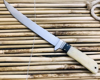 Handmade J2 Steel Fillet Knife: Camel Bone Handle, Leather Sheath