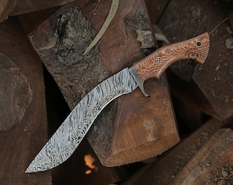 Custom Handmade Damascus steel Hunting kukri beautiful design 15  Long hand forged , Engraved Buffalo Horn with Brass & blue fiber scale,/