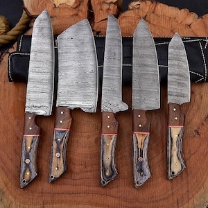 Damascus Steel Chef Knife Damascus Kitchen Knives set Chef set handmade Best chef set with leather sheath| Gift for Him , Christmas Gift