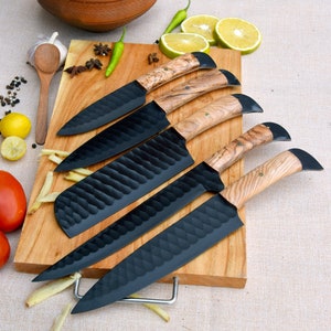 Handmade Damascus chef set of 6pcs with Leather , Damascus Knife set , Damascus Chef Knife , Kitchen Knife Set , Beautiful handle/usa knives