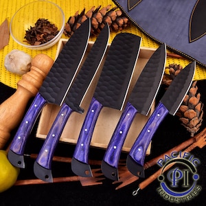 Juego de 5 cuchillos de chef de Damasco forjados a mano, cuchillos para barbacoa, cuchillos de cocina, regalo para ella, cuchillos de camping, regalo para él, regalo para padrinos de boda