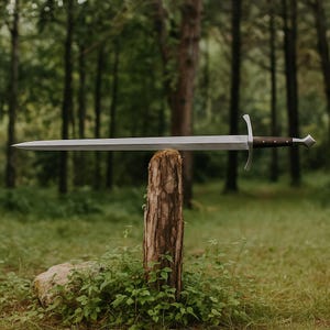 May include: A long, silver sword with a dark brown handle and a decorative pommel is displayed outdoors. The sword is resting on a tree stump, with a forest background. The blade is approximately 40 inches long.