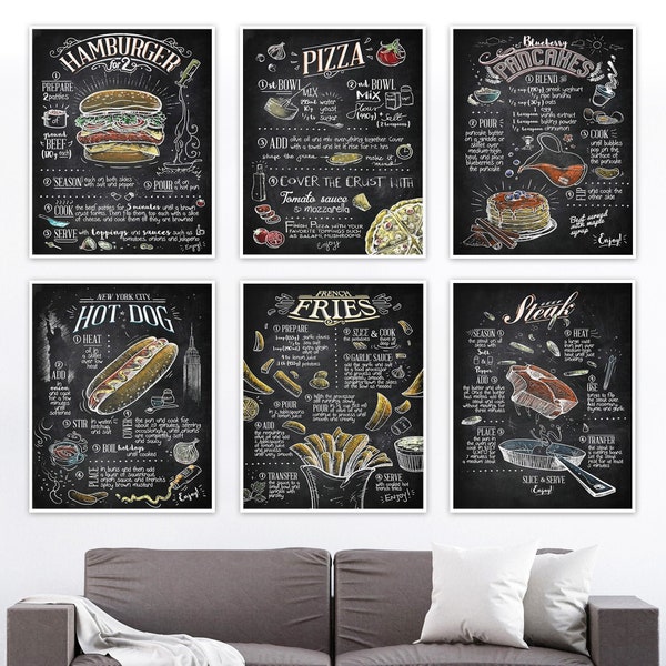 Fast Food Cafe Restaurant Wall Art Posters Hamburger Hot Dog Pizza Recipe Prints