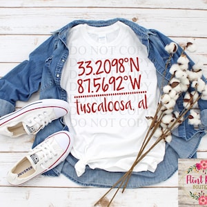 Tuscaloosa, AL Latitude & Longitude PNG for sublimation (digital file only, no physical product)