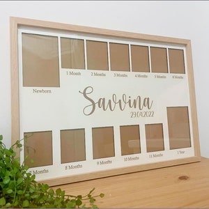 May include: A wooden photo frame with 12 openings for photos, labelled with months of the year. The frame is white with a light wood border. The text "Savvina 29.04.2022" is printed on the frame.