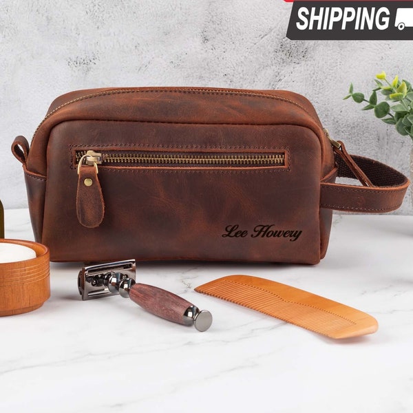 Fathers Day Gift, Leather Travel Bag, New Year Gift, Leather Toiletry Bag for Him, Groomsman Gifts, Men's Travel Bag, Men's Shaving Bag Gift