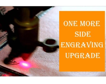 May include: A laser engraving a leather item. The image shows the process of adding detail to a product. Text on an orange background reads "ONE MORE SIDE ENGRAVING UPGRADE".