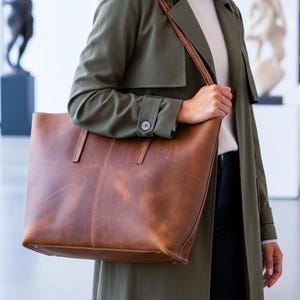 Large Leather Tote Bag, Women’s Office Shoulder Purse, Laptop Work Bag, Gift for Mom