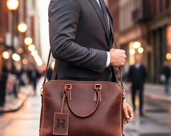 Custom Leather Briefcase for Men, Personalized Work Bag, Fathers Day Gift, Gift for Dad, Husband Gift, Business Laptop Bag