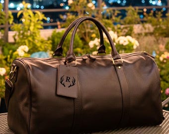 Leather Duffle Bag and Luggage Tag Combo Personalized Travel Gift, Fathers Day Gift, Gym Buddy Gift
