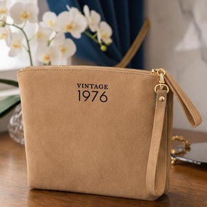 Personalized Vintage 1976 Makeup Bag Custom Leather Cosmetic Turning 50 Gift Beige Medium