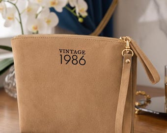 Personalized Vintage 1986 Makeup Bag Custom Leather Cosmetic Turning 40 Birthday Gift