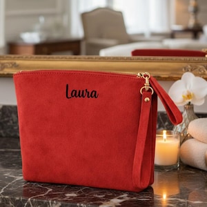 Personalized Leather Makeup Bag for Wife, Anniversary or Engagement Gift, Custom Cosmetic Pouch