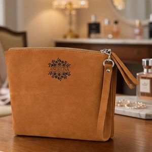 Personalized Leather Cosmetic Bag, Custom Engraved Makeup Pouch, Floral Toiletry Case, Teacher Gift, Appreciation Gift for Women