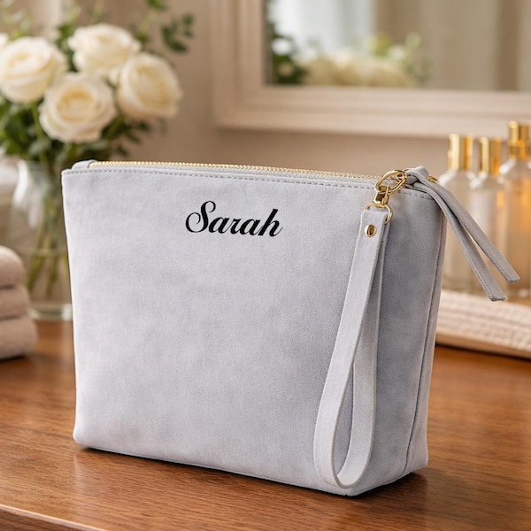 Personalized Bride Makeup Bag Custom Leather Travel Cosmetic Honeymoon Gift