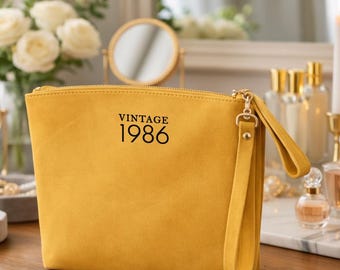 Personalized Vintage 1986 Leather Makeup Pouch for Women, Elegant 40th Birthday Gift