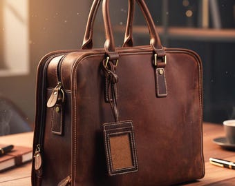 May include: A brown leather briefcase with a top handle and a rectangular luggage tag. The bag has a zipper closure and a stitched design. A notebook, pen, and coffee cup are on the wooden table.