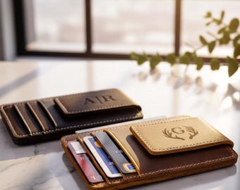 Personalized Magnetic Money Clip Leather Card Holder Engraved Gift, Fathers Day Gift